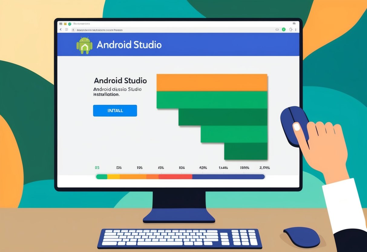 A computer screen displays the Android Studio installation process. A mouse clicks on the "Install" button while a progress bar fills up