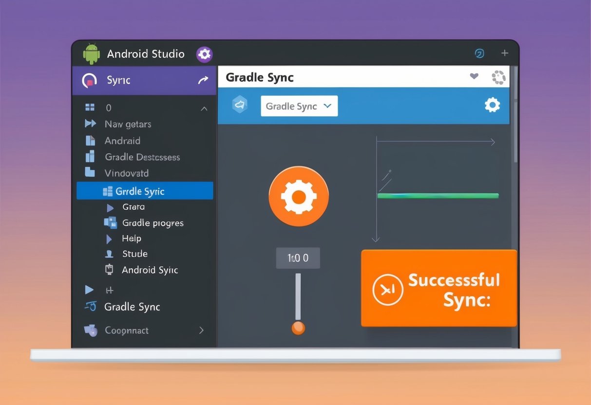 An Android Studio window with the Gradle sync button highlighted, a progress bar, and a successful sync notification