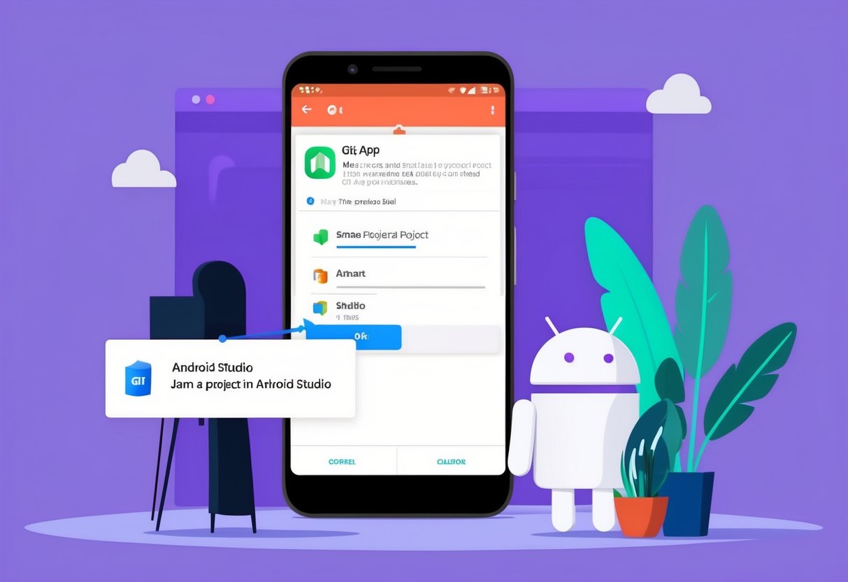 An Android phone with the Git app open, showing the process of joining a project in Android Studio