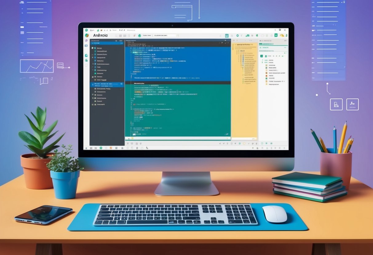 A computer screen displaying the Android Studio interface with code and design elements, surrounded by a desk with a keyboard and mouse